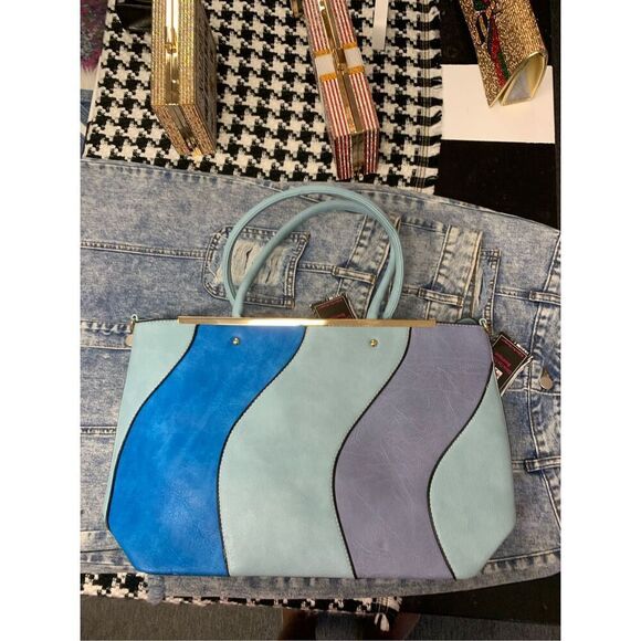 Blue Shades Striped Vegan Handbag - Picture 2 of 9